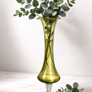 Vintage Olive Green Art Glass Vase Twisted Stem Ruffled Rim 9”